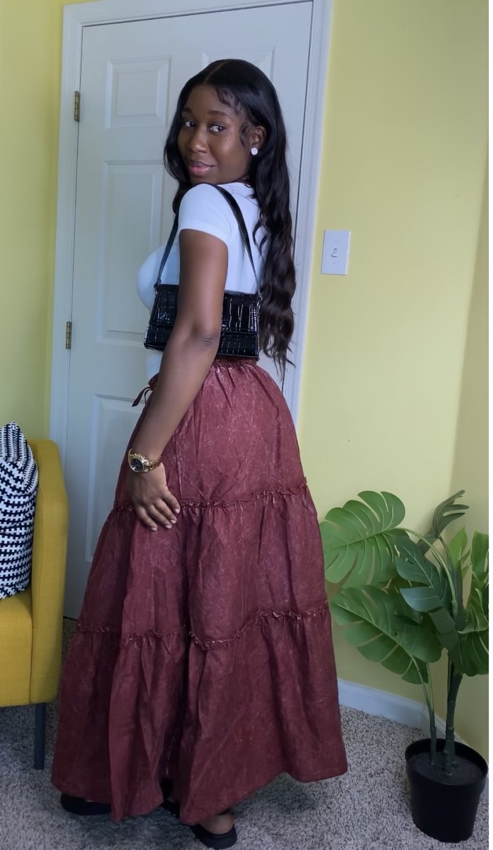 Tiered maxi skirt (Burgundy) - Image 2