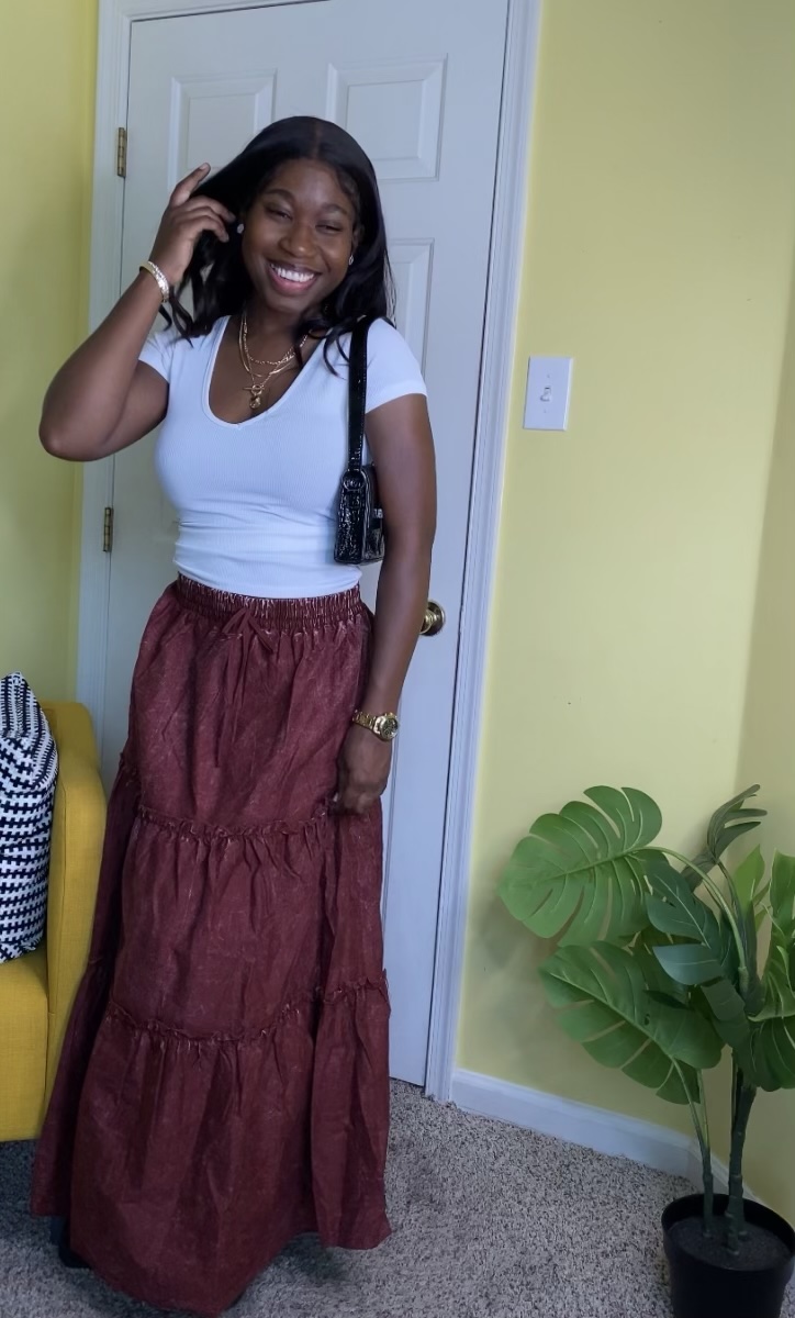Tiered maxi skirt (Burgundy) - Image 3