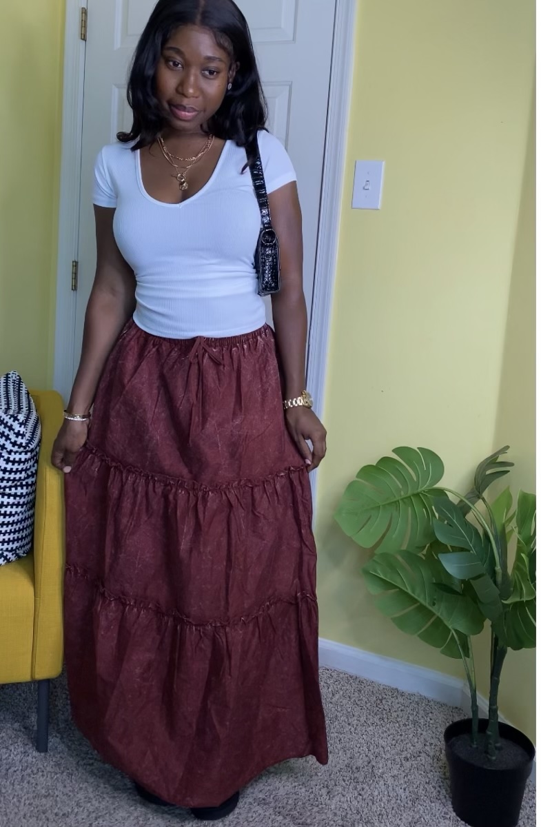 Tiered maxi skirt (Burgundy) - Image 5