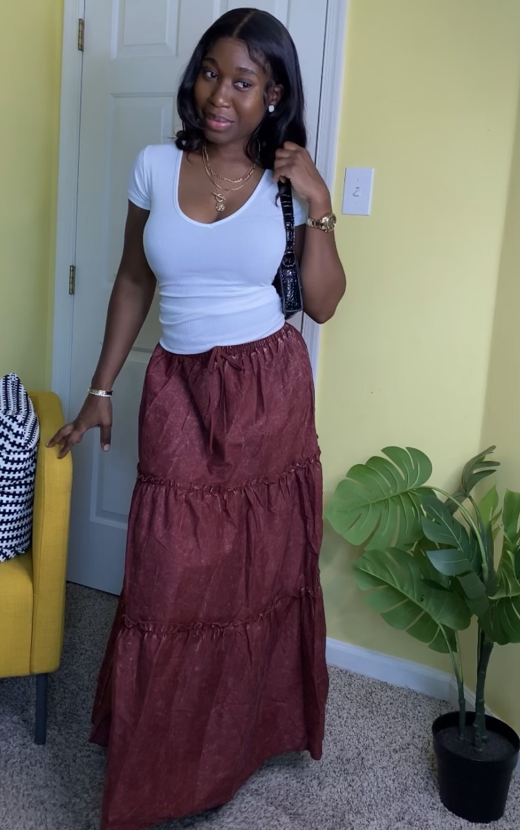 Tiered maxi skirt (Burgundy) - Image 4