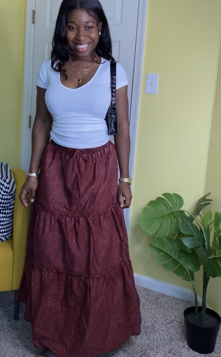 Tiered maxi skirt (Burgundy) - Image 6