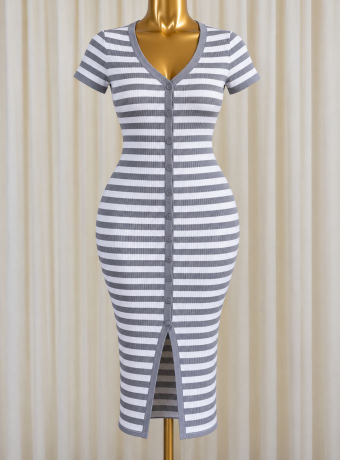 Button-Front Ribbed Midi Dress (Grey)
