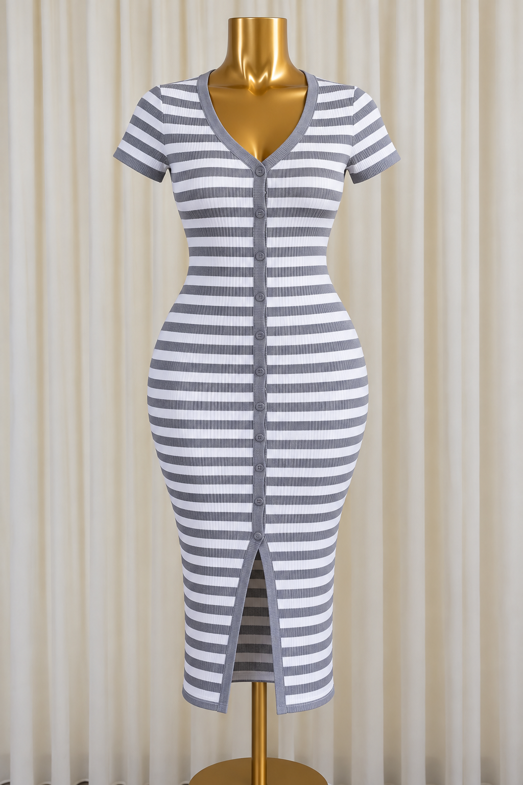 Button-Front Ribbed Midi Dress (Grey)
