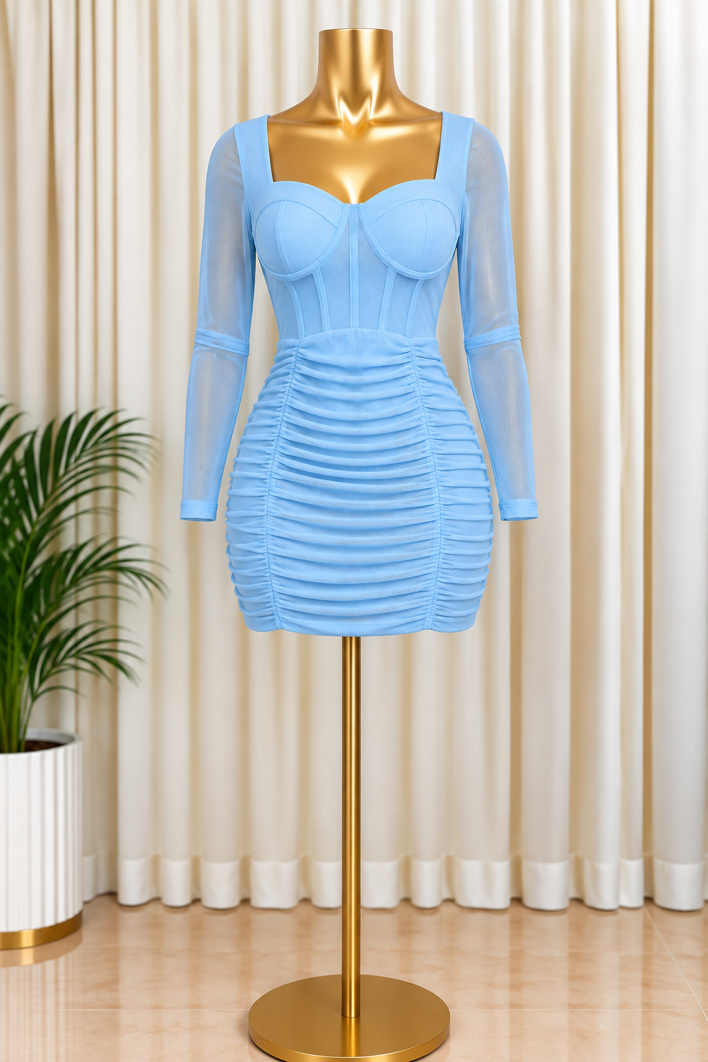 Enchanté Ruched Mini Dress (Spring Blue)