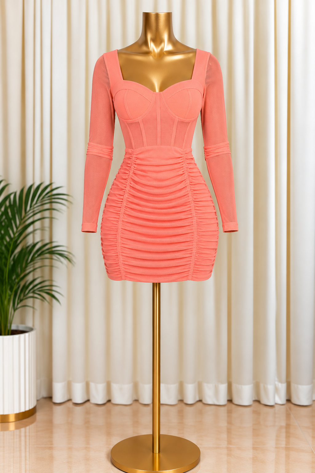 Enchanté Ruched Mini Dress (Peach)