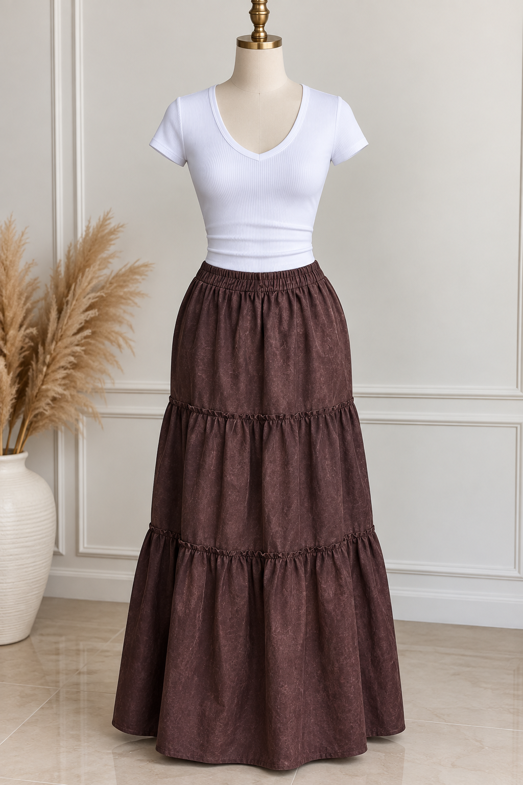 Tiered Maxi Skirt (Brown)